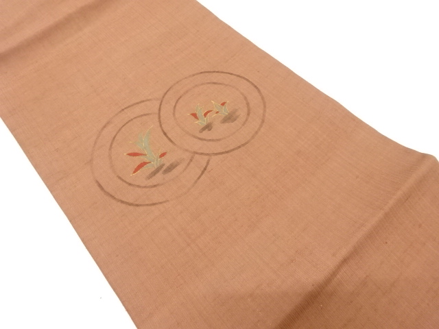 節紬　手描き丸に草葉模様刺繍名古屋帯